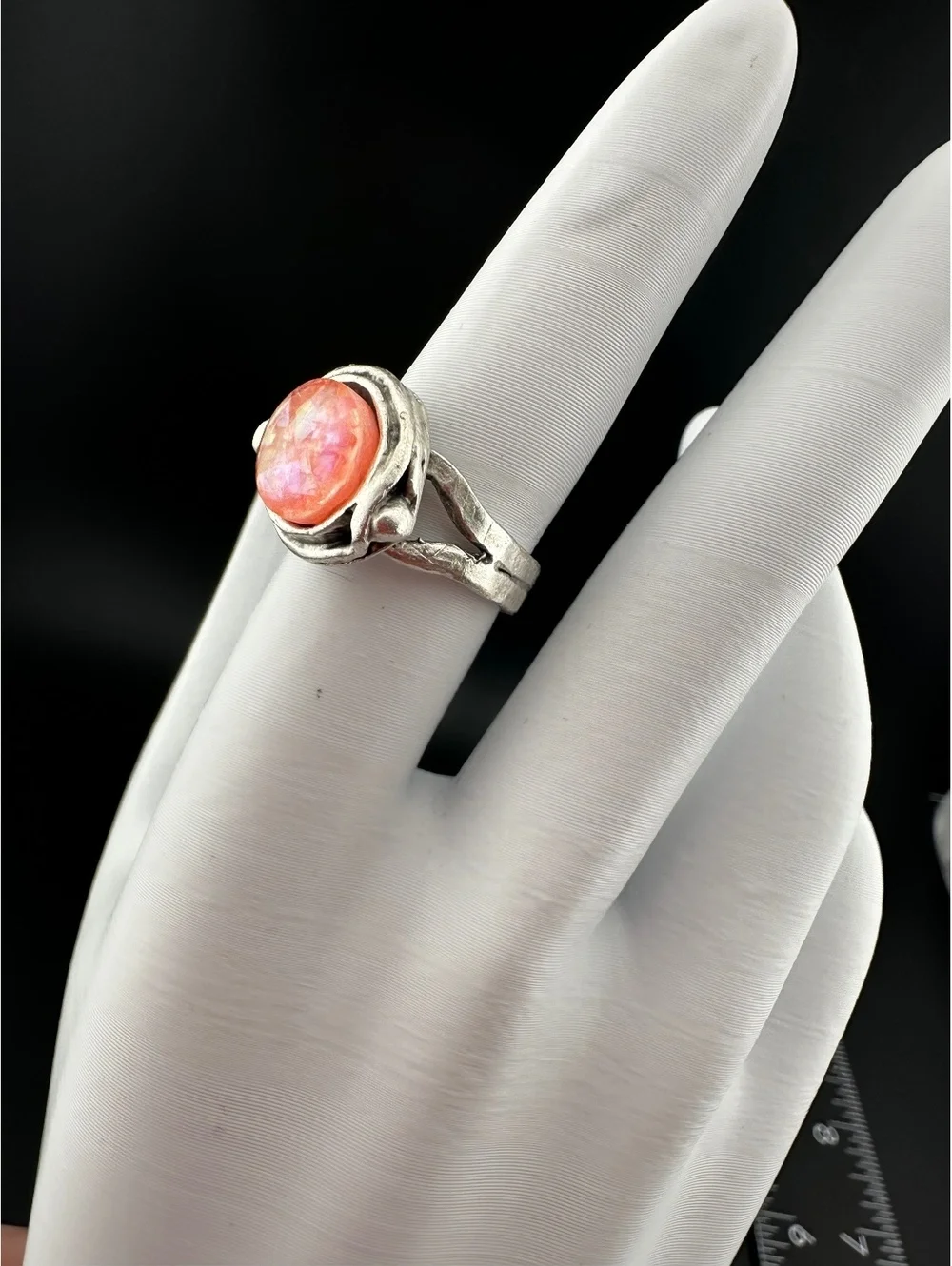 Adjustable Silver Tone Ring with Orange Marbled Stone